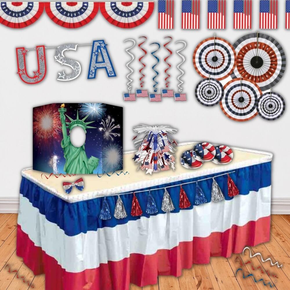 4th of July Patriotic Party Decor Metallic Table Skirt Red White & Blue 204" NWT